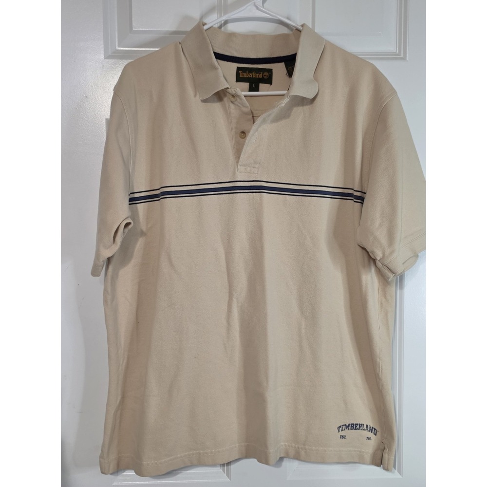 Timberland Men's Polo Shirt L Beige Tan Navy Stripe 100% Cotton Short Sleeve